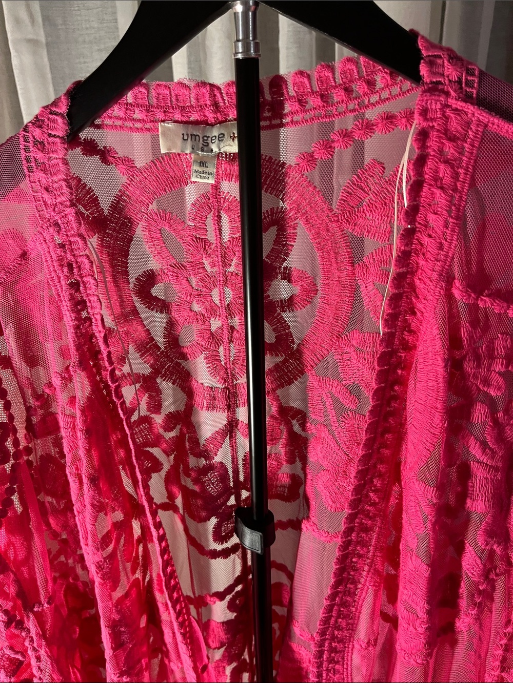 Umgee Bright Pink Embroidered Sheer Kimono Robe